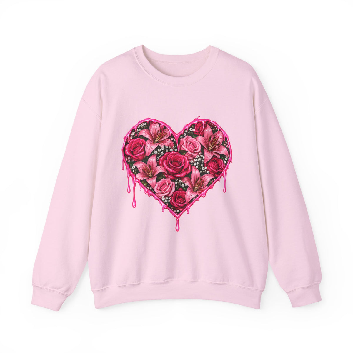 Heart of Roses Crewneck Sweatshirt — Dripping Pink Floral Heart Design