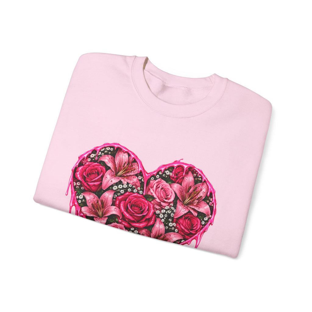 Heart of Roses Crewneck Sweatshirt — Dripping Pink Floral Heart Design