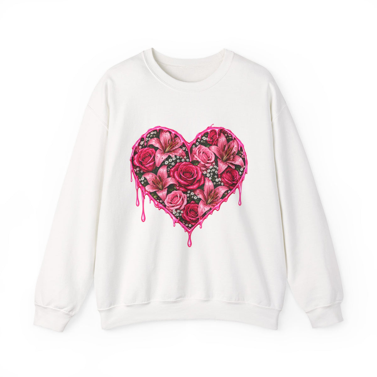 Heart of Roses Crewneck Sweatshirt — Dripping Pink Floral Heart Design