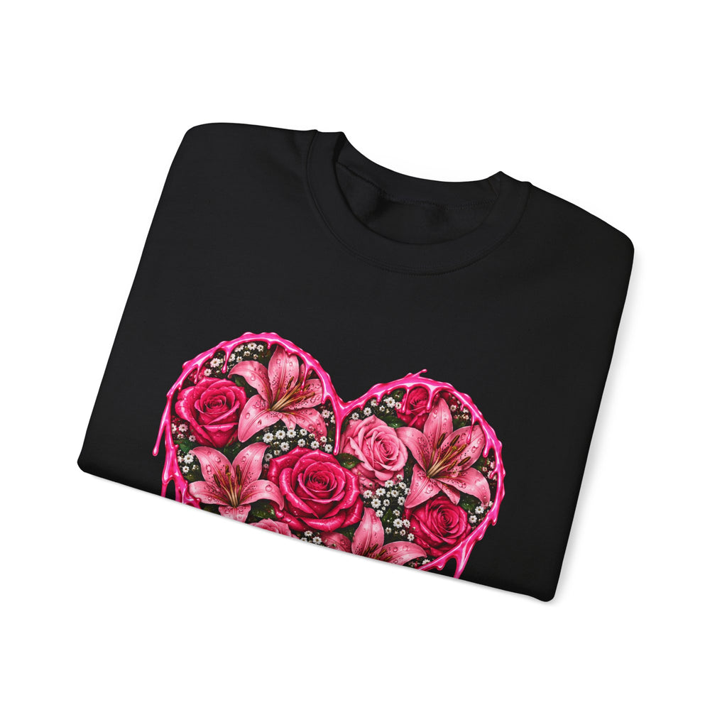 Heart of Roses Crewneck Sweatshirt — Dripping Pink Floral Heart Design